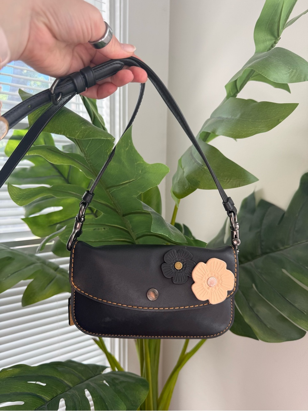 Womens Black Leather Shoulder Bag with Floral Appliques Tea Rose